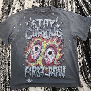 First Row Stay Curious graphic tee with wide eyes and crystallized star detail